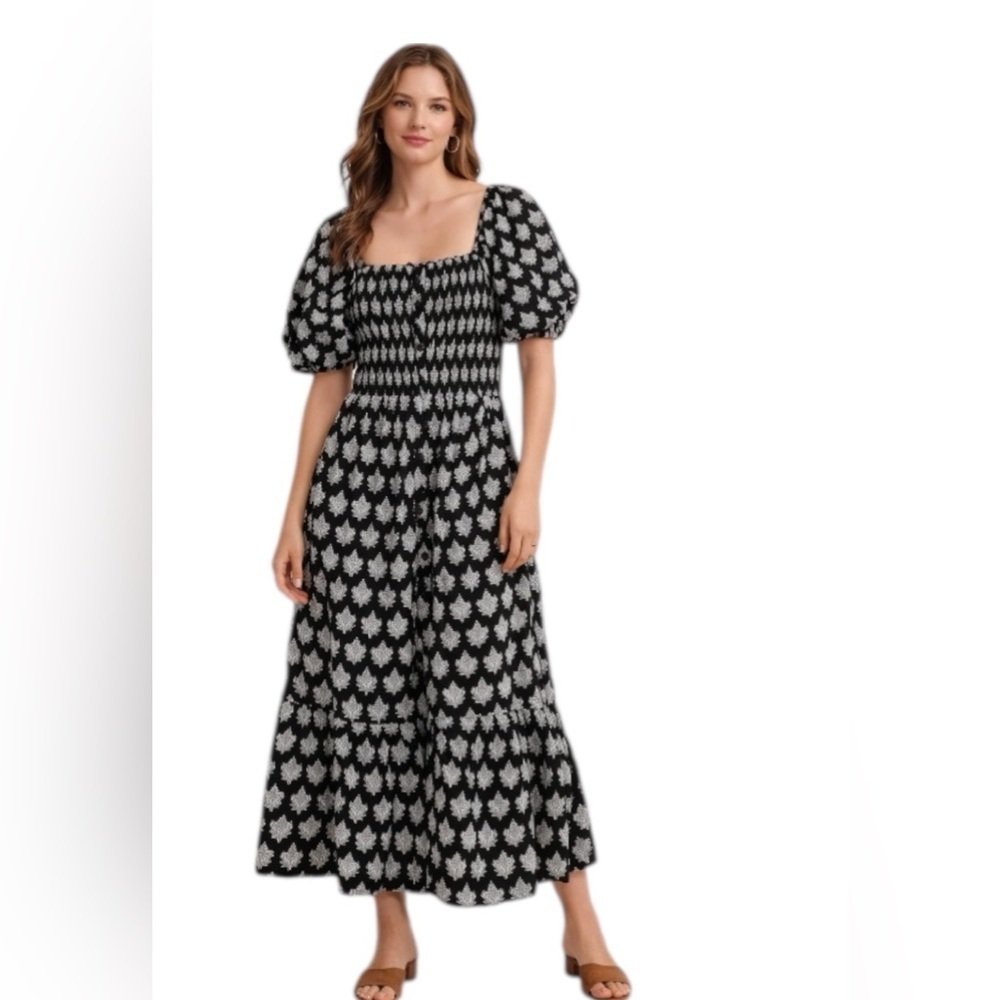 Amara Black White Smocked Midi Dress Puff Sleeve Cotton Size M